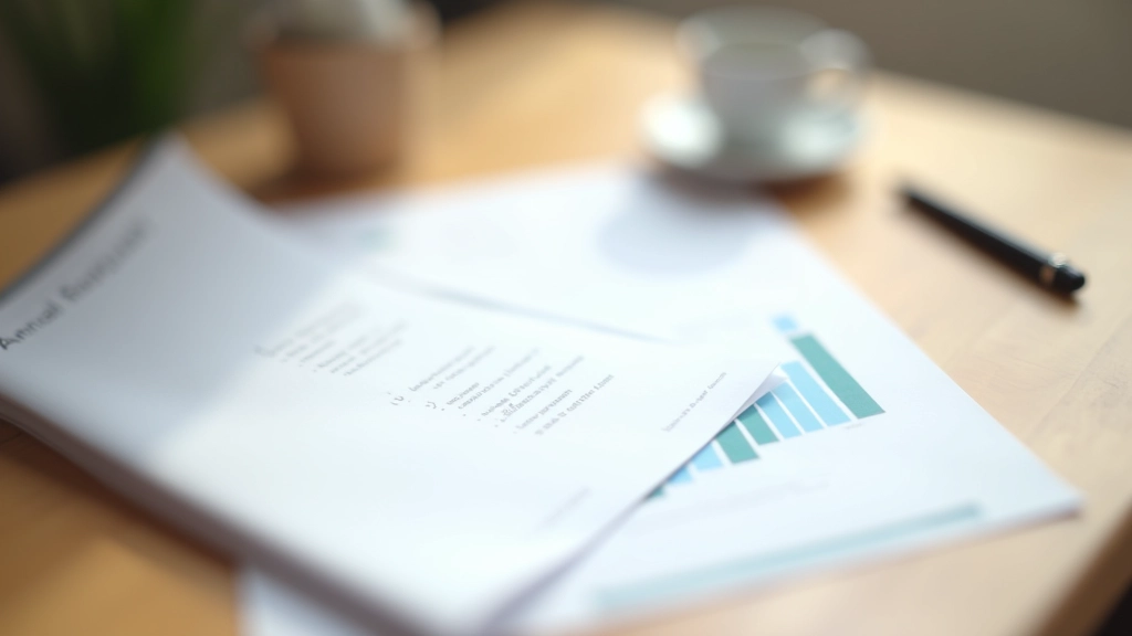 Corporate financial report with pen and coffee on desk, professional documentation review